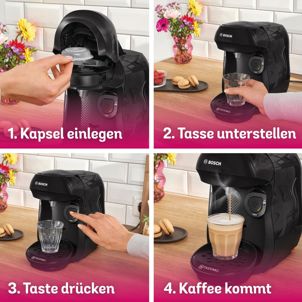 Tassimo Happy TAS1002 – Capsule Machine, über 70 Getränke, INTELLIBREW™, 1400W, Schwarz
